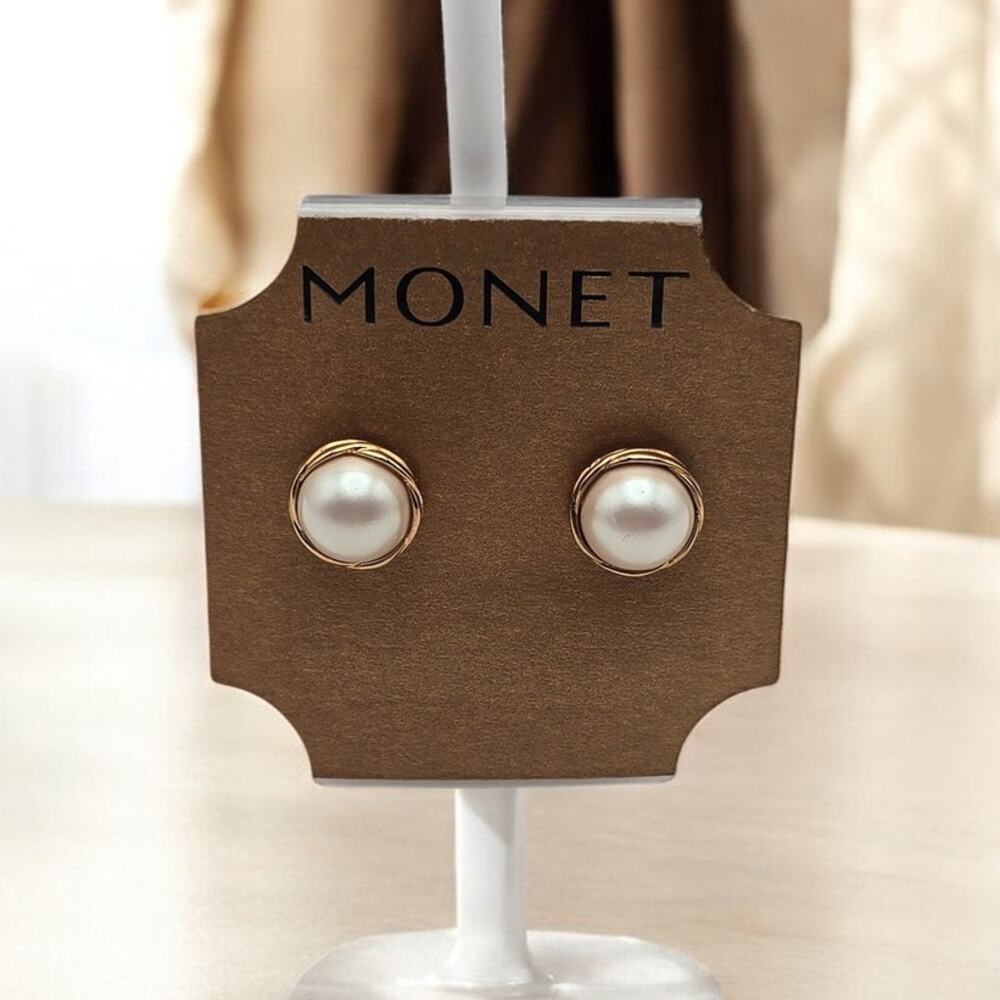 Monet Gold and Faux Pearl Round Stud Earrings - Classic Elegance